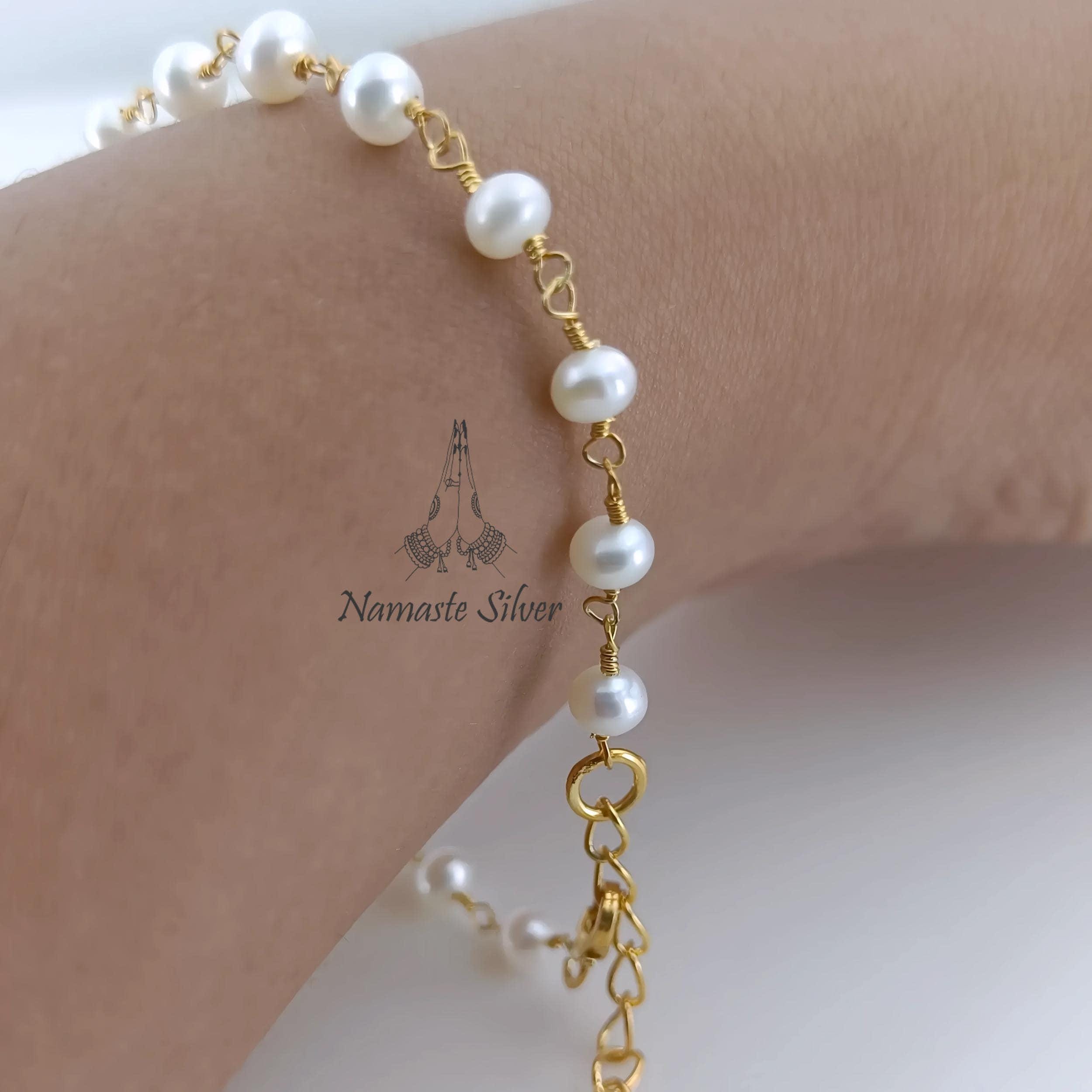 Pearl Bracelet, Gold Plated 925 Sterling Silver Beaded Bracelet, Freshwater Pearl Handmade Jewelry, Unique Gift for Her, June Birthstone