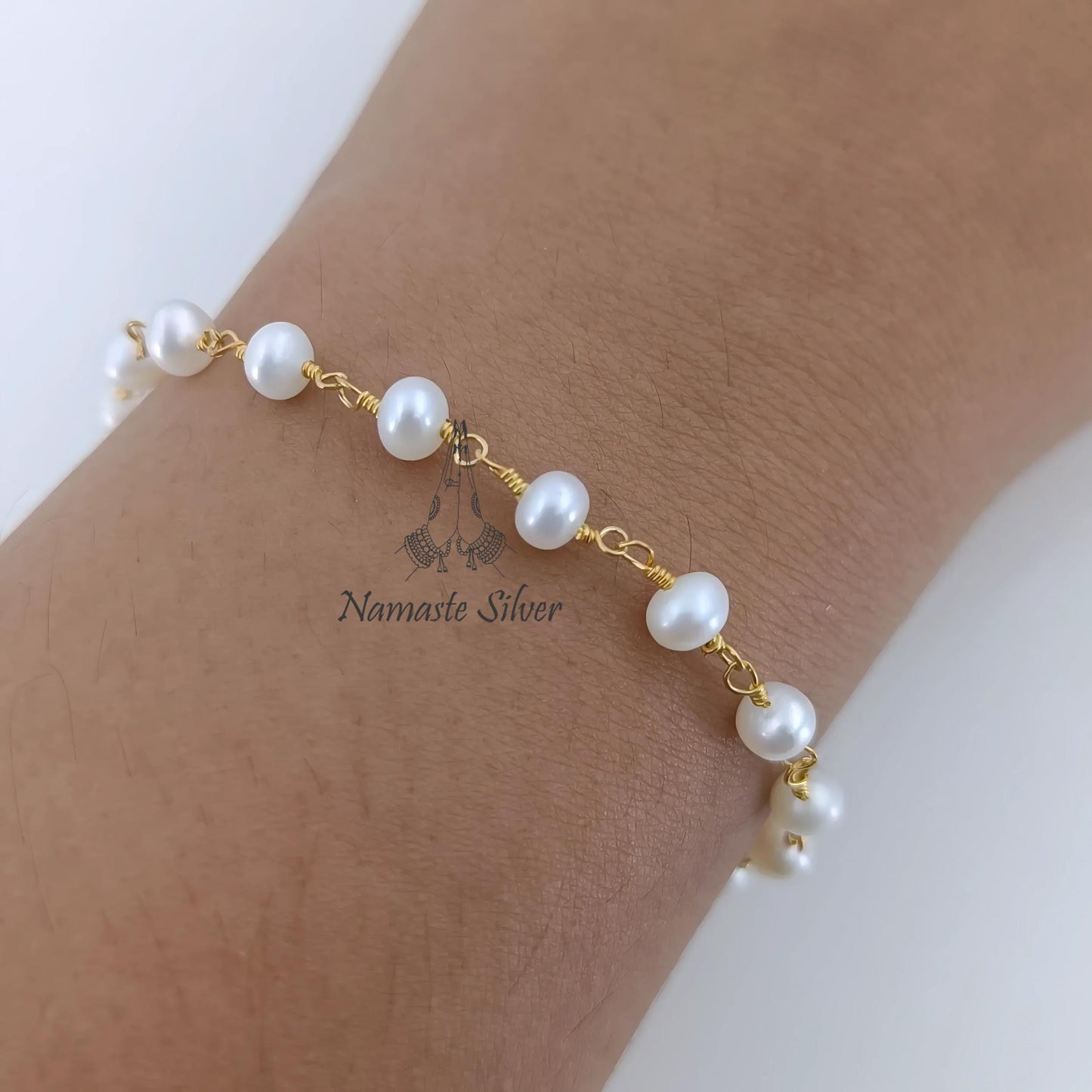 Pearl Bracelet, Gold Plated 925 Sterling Silver Beaded Bracelet, Freshwater Pearl Handmade Jewelry, Unique Gift for Her, June Birthstone