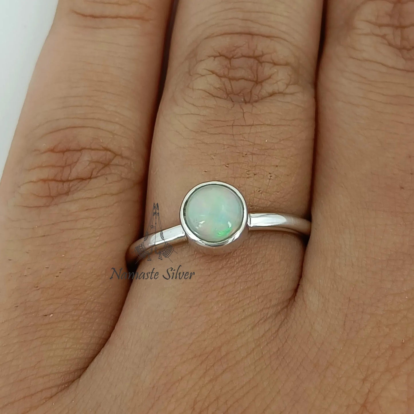 Opal Ring, 925 Sterling Silver Dainty Ring, October Birthstone, Natural Ethiopian Opal Round Gemstone Handmade Jewelry, Unique Gift for Her