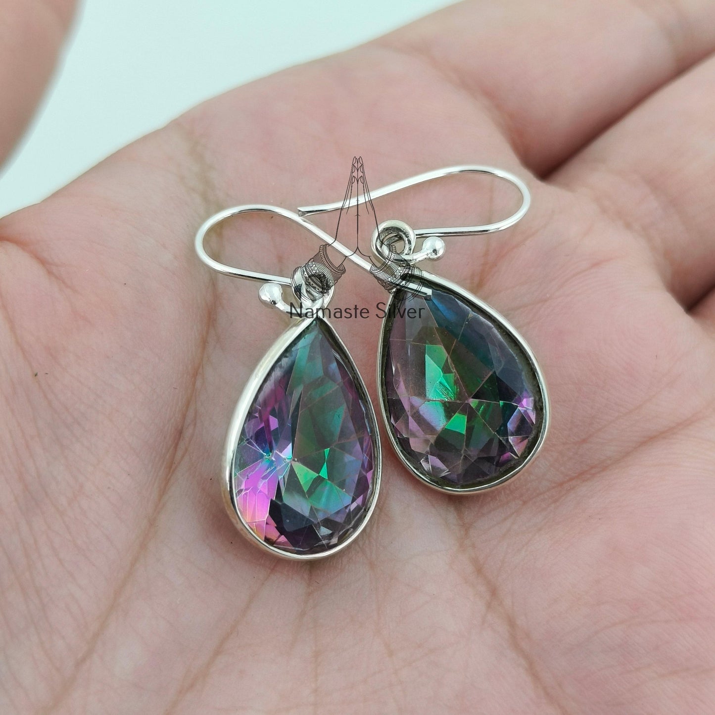Aurora Mystic Topaz Earrings, 925 Sterling Silver Dangle Earrings, Pear Shape Mystique Topaz Gemstone Handmade Jewelry, Unique Gift For Her