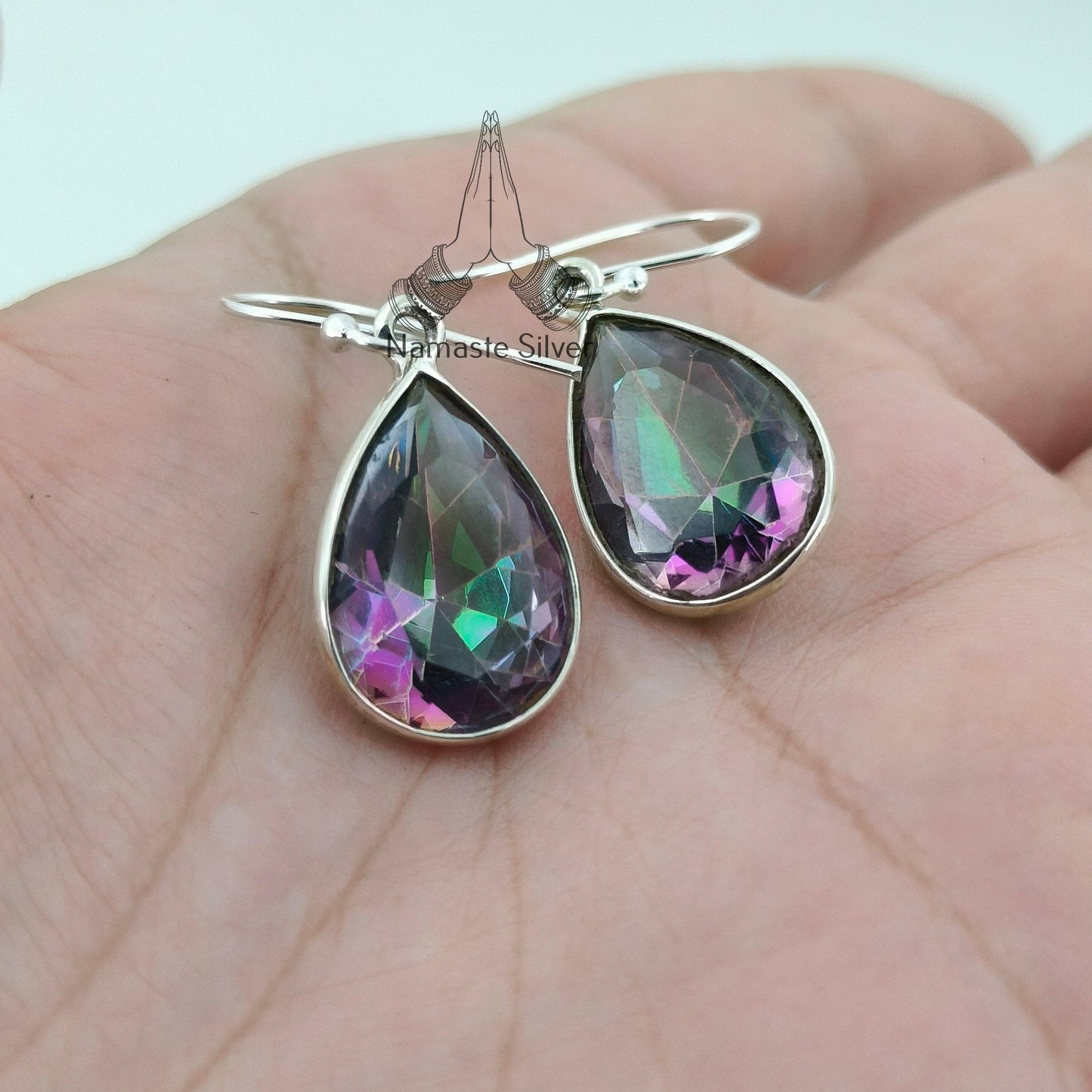 Aurora Mystic Topaz Earrings, 925 Sterling Silver Dangle Earrings, Pear Shape Mystique Topaz Gemstone Handmade Jewelry, Unique Gift For Her