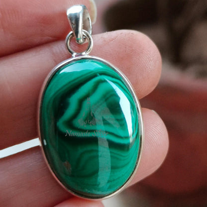 Malachite Pendant, 925 Sterling Silver Pendant, Natural Green Malachite Oval Gemstone Handmade Boho Jewelry, Unique Birthstone Gift For Her