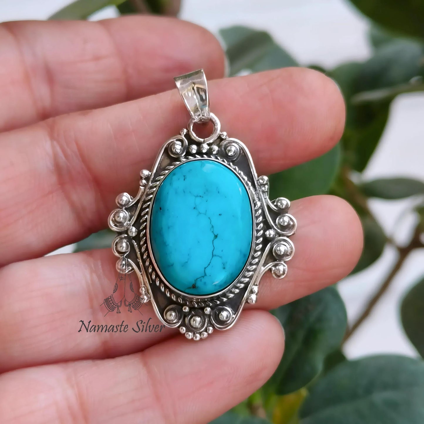 Turquoise Pendant, 925 Sterling Silver Locket, Natural Blue Turquoise Oval Gemstone Handmade Boho Jewelry, Gift For Her, December Birthstone