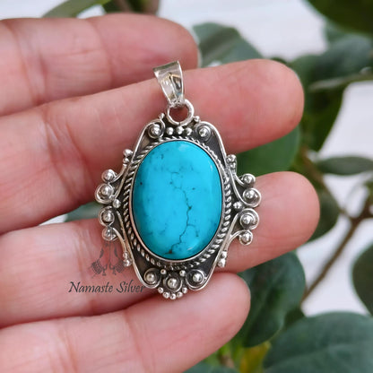Turquoise Pendant, 925 Sterling Silver Locket, Natural Blue Turquoise Oval Gemstone Handmade Boho Jewelry, Gift For Her, December Birthstone