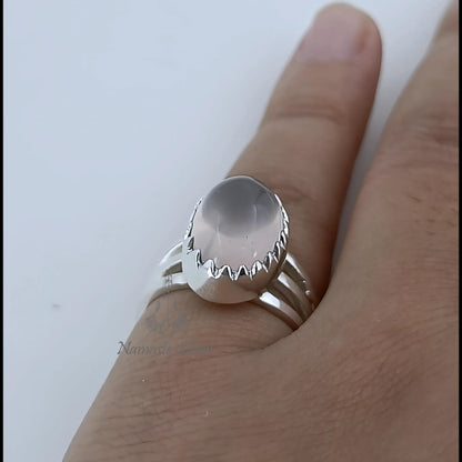 Rose Quartz Ring, 925 Sterling Silver Statement Promise Ring, Natural Pink Gemstone Oval Handmade Jewelry, January Birthstone, Gift for her