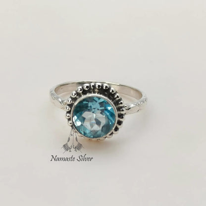 Blue Topaz Ring, 925 Sterling Silver Promise Ring, Natural Blue Topaz Round Gemstone Handmade Jewelry, December Birthstone, Gift for Her
