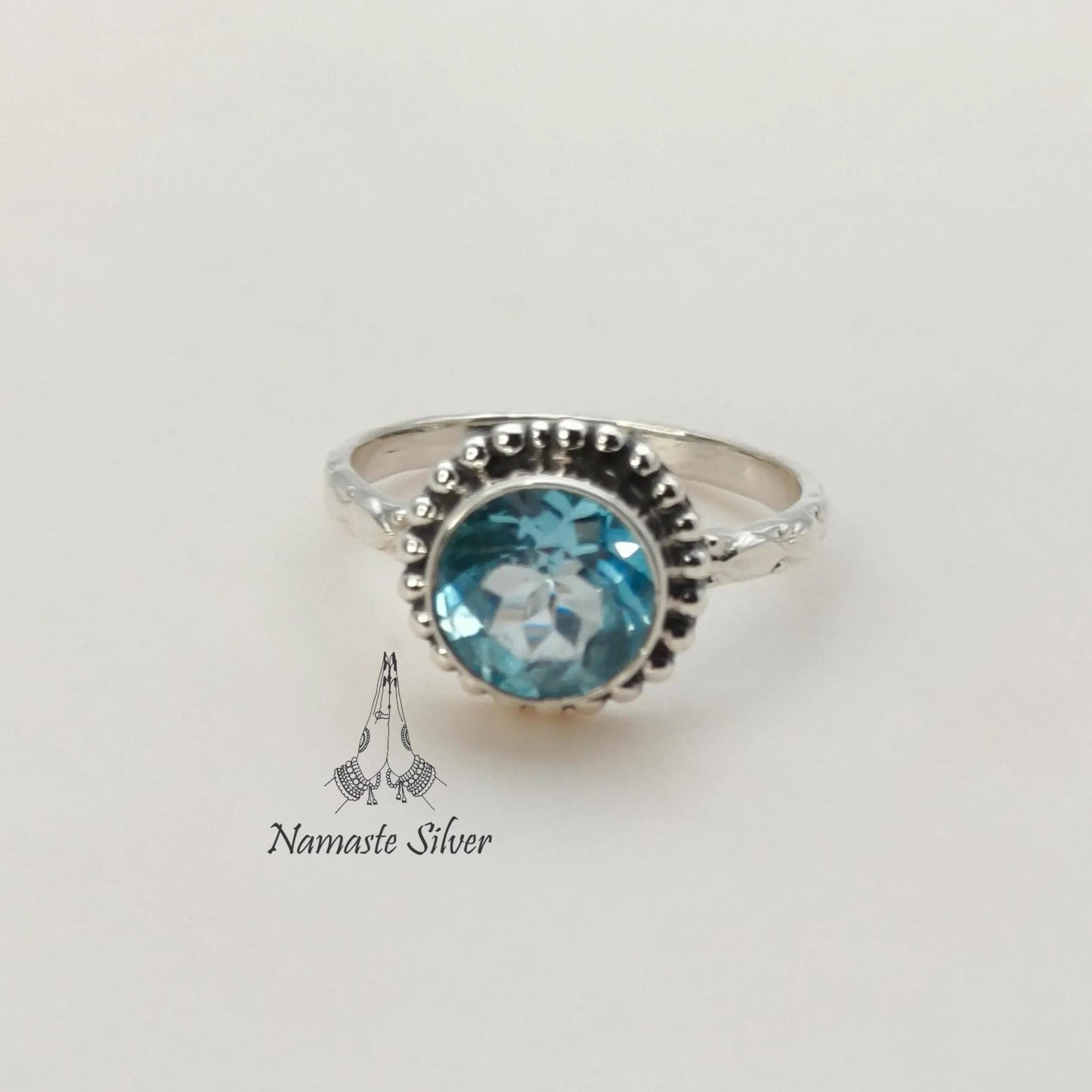 Blue Topaz Ring, 925 Sterling Silver Promise Ring, Natural Blue Topaz Round Gemstone Handmade Jewelry, December Birthstone, Gift for Her