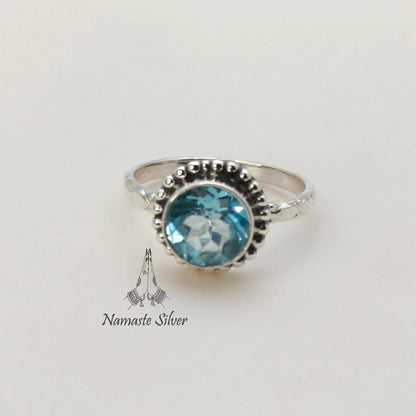 Blue Topaz Ring, 925 Sterling Silver Promise Ring, Natural Blue Topaz Round Gemstone Handmade Jewelry, December Birthstone, Gift for Her