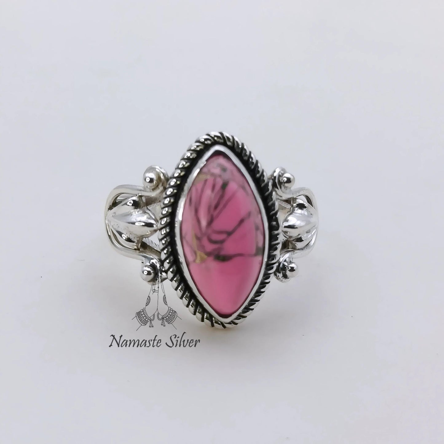 Pink Turquoise Ring, 925 Sterling Silver Promise Ring, Pink Copper Turquoise Marquise Gemstone Handmade Jewelry, Birthstone Gift for Her