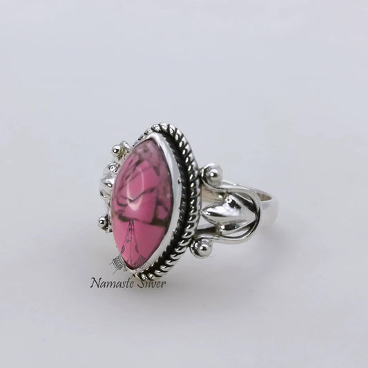 Pink Turquoise Ring, 925 Sterling Silver Promise Ring, Pink Copper Turquoise Marquise Gemstone Handmade Jewelry, Birthstone Gift for Her