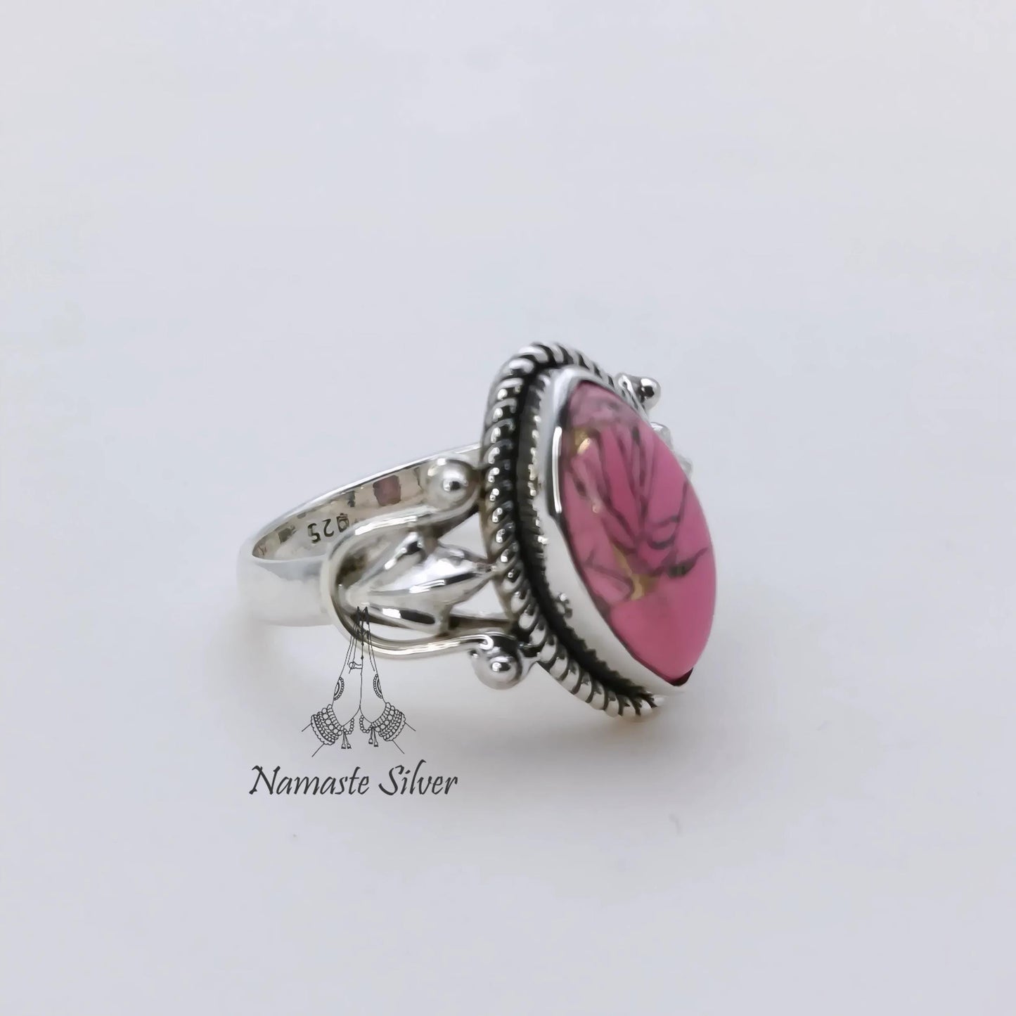 Pink Turquoise Ring, 925 Sterling Silver Promise Ring, Pink Copper Turquoise Marquise Gemstone Handmade Jewelry, Birthstone Gift for Her