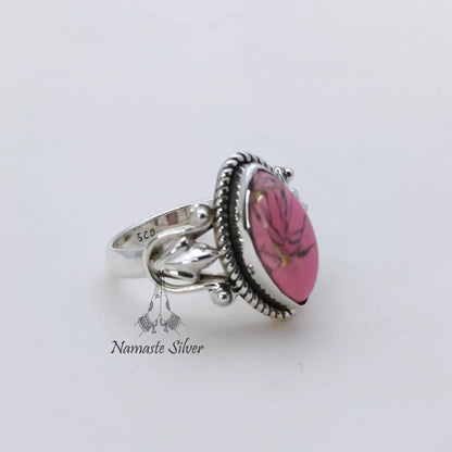 Pink Turquoise Ring, 925 Sterling Silver Promise Ring, Pink Copper Turquoise Marquise Gemstone Handmade Jewelry, Birthstone Gift for Her