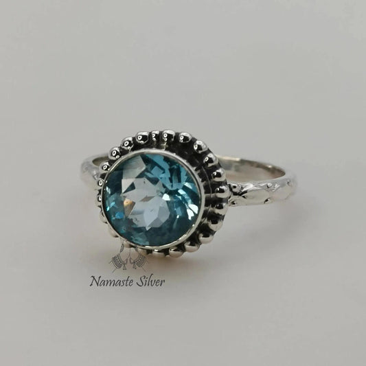 Blue Topaz Ring, 925 Sterling Silver Promise Ring, Natural Blue Topaz Round Gemstone Handmade Jewelry, December Birthstone, Gift for Her