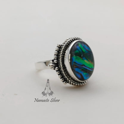 Abalone Shell Ring, 925 Sterling Silver Statement Promise Ring, Natural Blue Paua Shell Doublet Oval Handmade Jewelry, Colorful Gift for Her