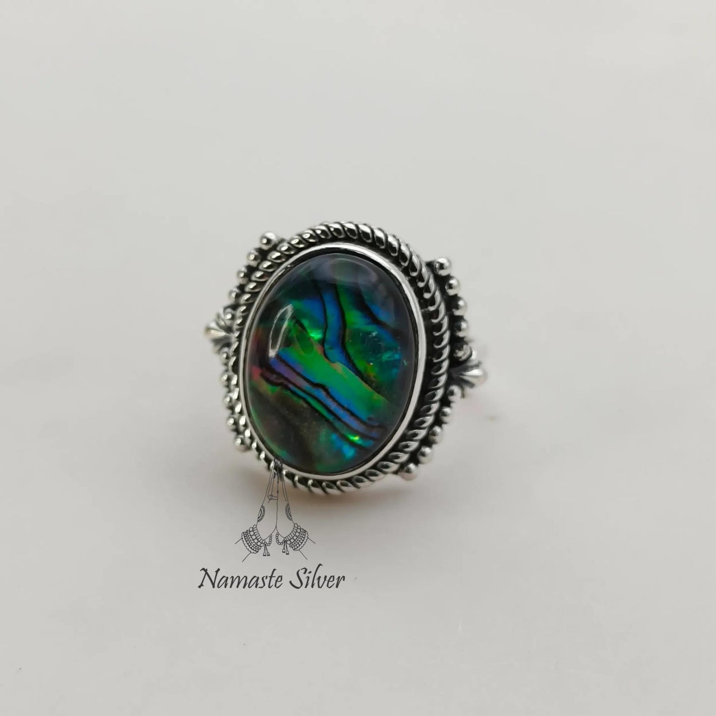 Abalone Shell Ring, 925 Sterling Silver Statement Promise Ring, Natural Blue Paua Shell Doublet Oval Handmade Jewelry, Colorful Gift for Her