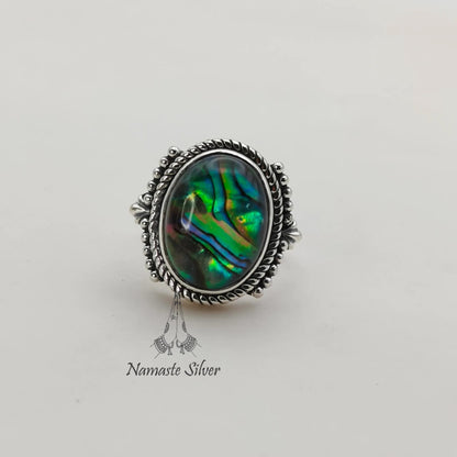 Abalone Shell Ring, 925 Sterling Silver Statement Promise Ring, Natural Blue Paua Shell Doublet Oval Handmade Jewelry, Colorful Gift for Her