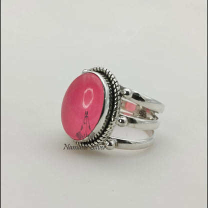 Pink Jade Ring, 925 Sterling Silver Promise Ring, Pink Jade Oval Gemstone Handmade Jewelry, Elegant Proposal Triple Ring Band, Gift for her