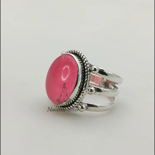 Pink Jade Ring, 925 Sterling Silver Promise Ring, Pink Jade Oval Gemstone Handmade Jewelry, Elegant Proposal Triple Ring Band, Gift for her
