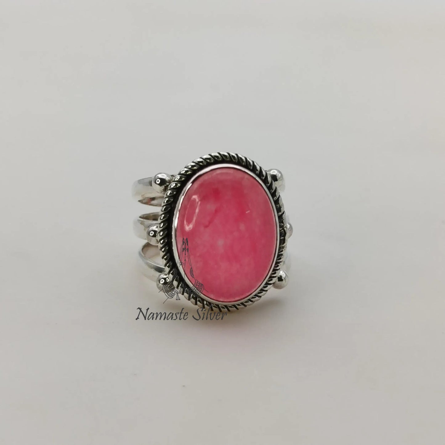 Pink Jade Ring, 925 Sterling Silver Promise Ring, Pink Jade Oval Gemstone Handmade Jewelry, Elegant Proposal Triple Ring Band, Gift for her