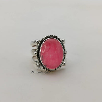Pink Jade Ring, 925 Sterling Silver Promise Ring, Pink Jade Oval Gemstone Handmade Jewelry, Elegant Proposal Triple Ring Band, Gift for her