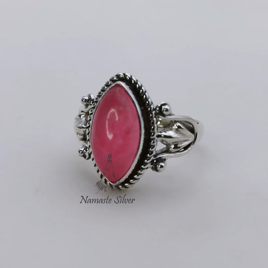 Pink Jade Ring, 925 Sterling Silver Statement Promise Ring, Natural Pink Jade Marquise Gemstone Handmade Boho Jewelry, Unique Gift for her