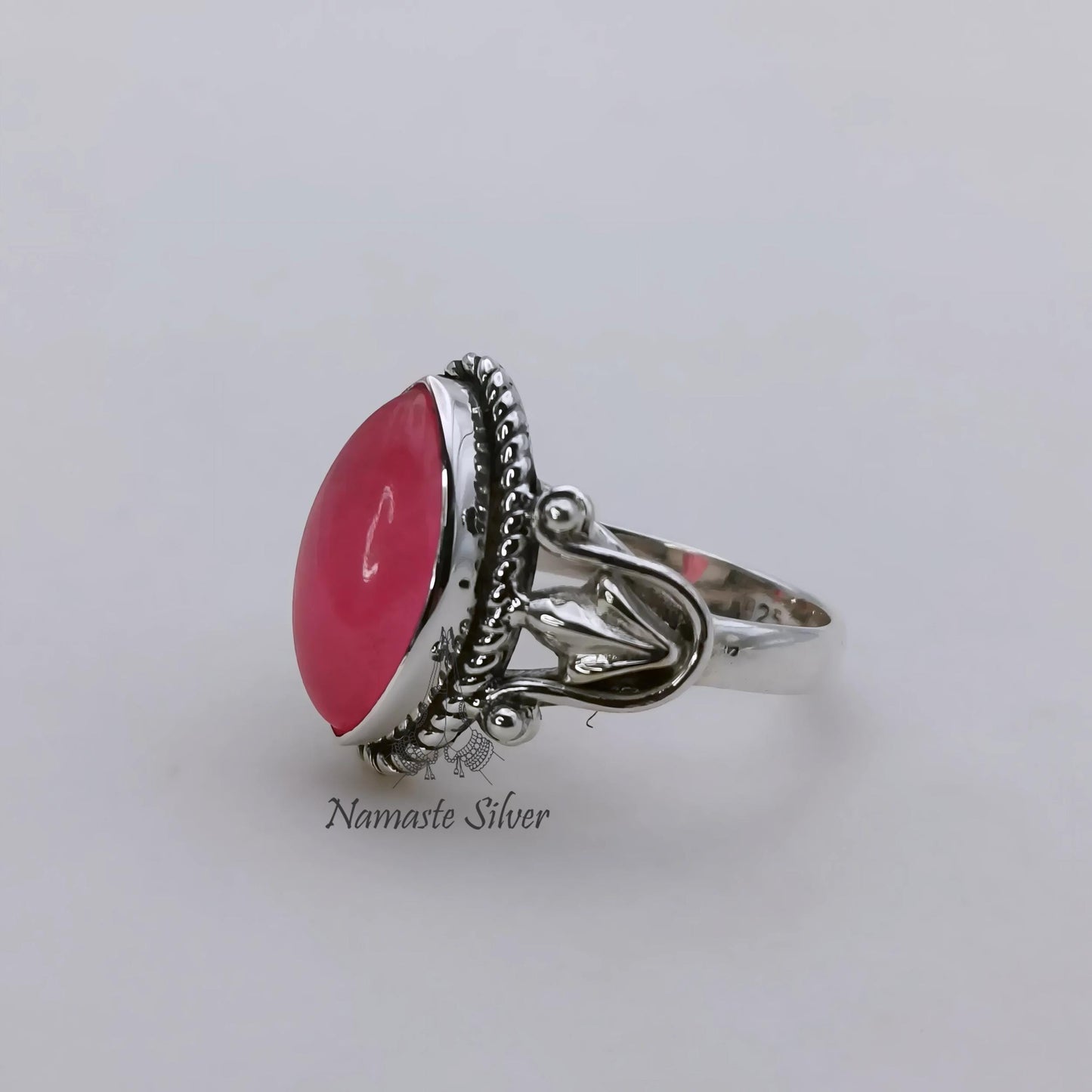 Pink Jade Ring, 925 Sterling Silver Statement Promise Ring, Natural Pink Jade Marquise Gemstone Handmade Boho Jewelry, Unique Gift for her