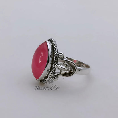 Pink Jade Ring, 925 Sterling Silver Statement Promise Ring, Natural Pink Jade Marquise Gemstone Handmade Boho Jewelry, Unique Gift for her