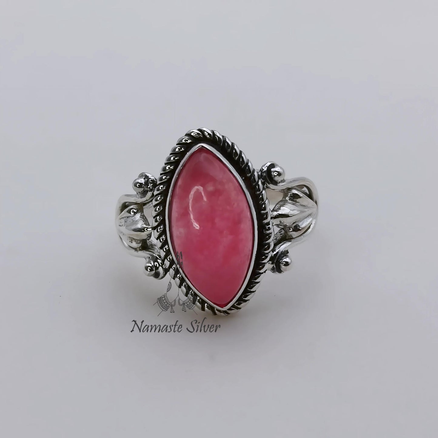 Pink Jade Ring, 925 Sterling Silver Statement Promise Ring, Natural Pink Jade Marquise Gemstone Handmade Boho Jewelry, Unique Gift for her