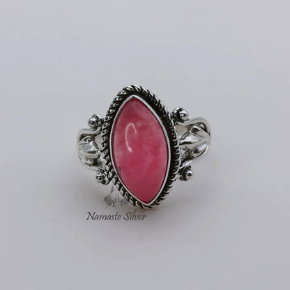 Pink Jade Ring, 925 Sterling Silver Statement Promise Ring, Natural Pink Jade Marquise Gemstone Handmade Boho Jewelry, Unique Gift for her
