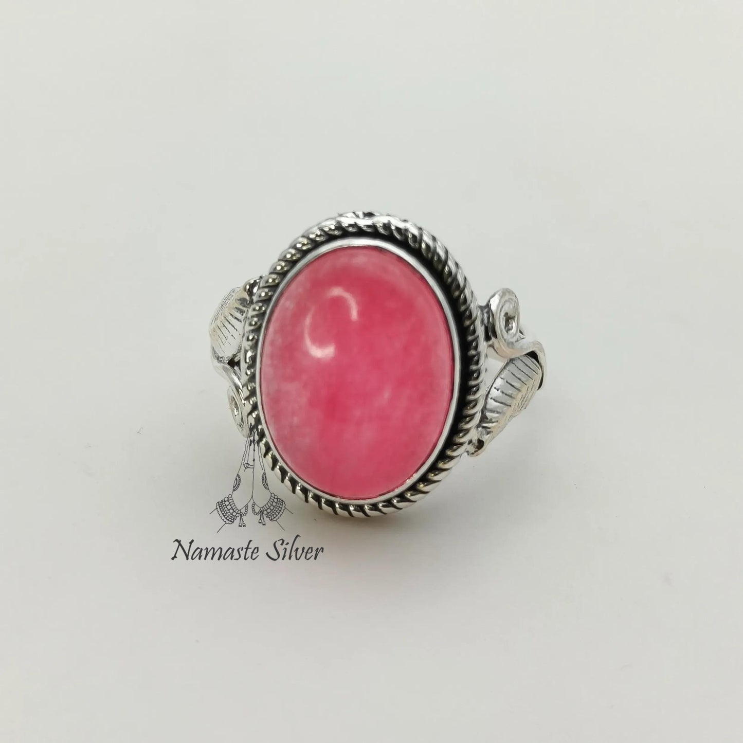 Pink Jade Ring, 925 Sterling Silver Promise Ring, Pink Jade Oval Gemstone Handmade Jewelry, Elegant Proposal Leaf Ring, Unique Gift for her