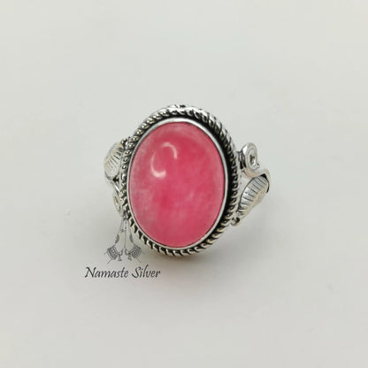 Pink Jade Ring, 925 Sterling Silver Promise Ring, Pink Jade Oval Gemstone Handmade Jewelry, Elegant Proposal Leaf Ring, Unique Gift for her