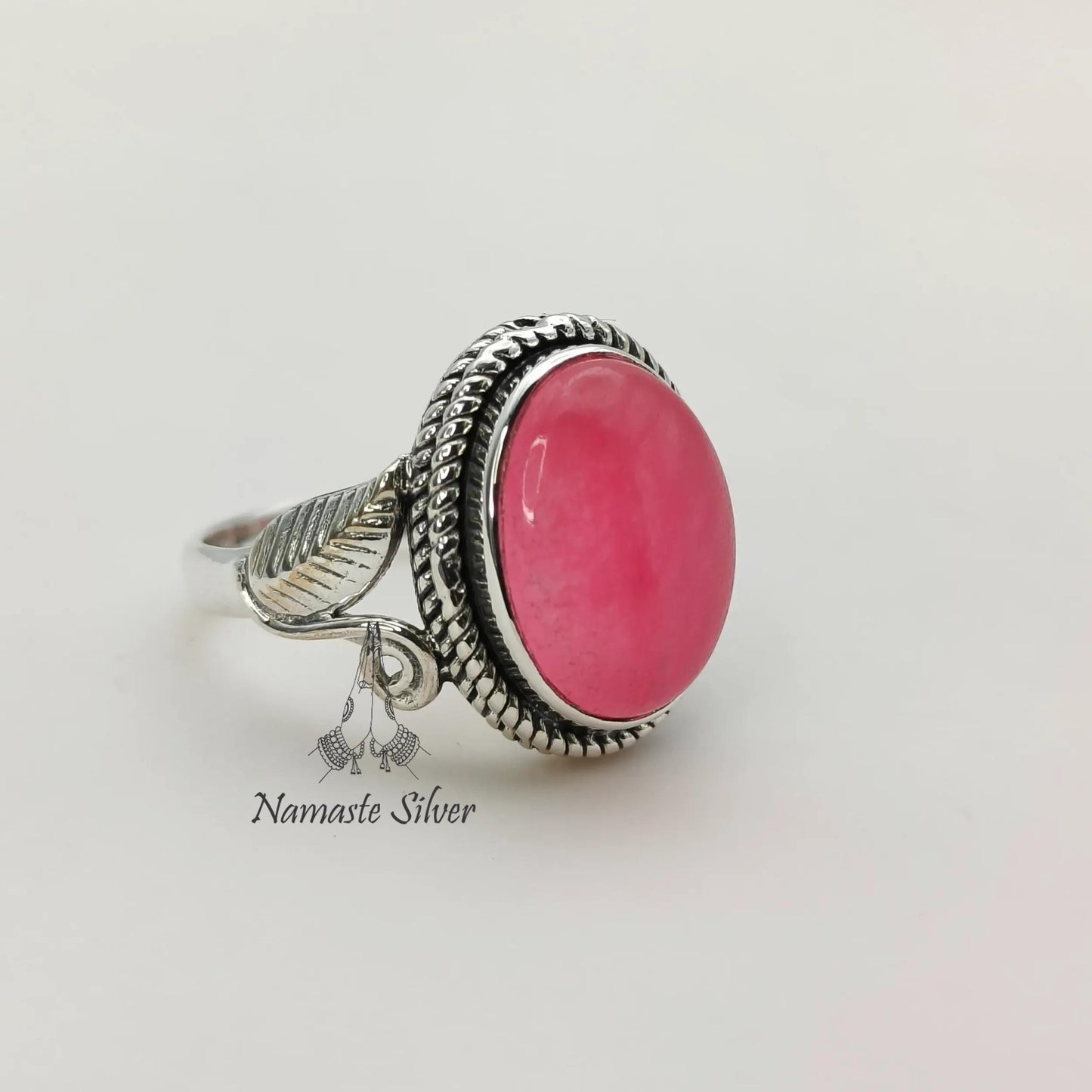 Pink Jade Ring, 925 Sterling Silver Promise Ring, Pink Jade Oval Gemstone Handmade Jewelry, Elegant Proposal Leaf Ring, Unique Gift for her