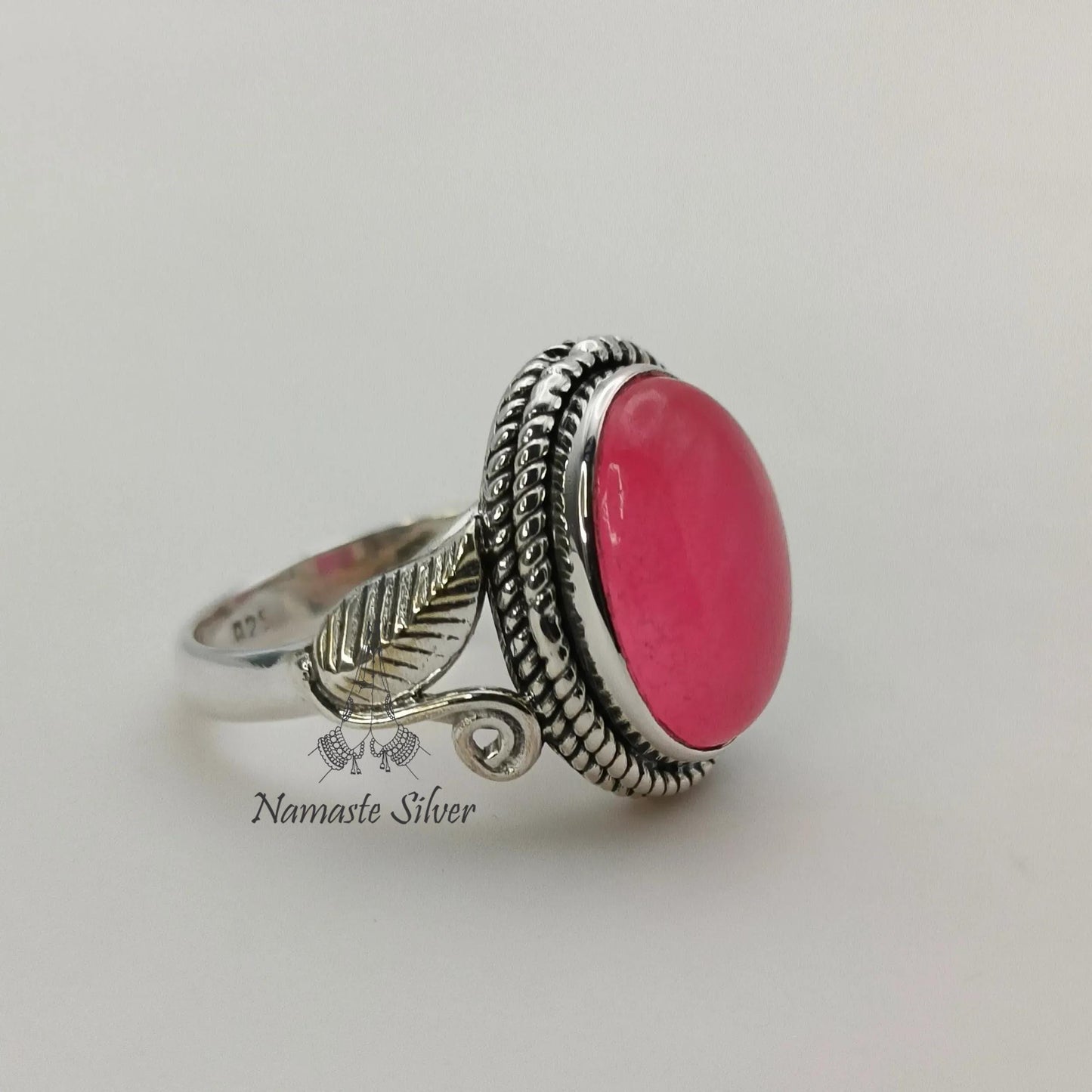 Pink Jade Ring, 925 Sterling Silver Promise Ring, Pink Jade Oval Gemstone Handmade Jewelry, Elegant Proposal Leaf Ring, Unique Gift for her