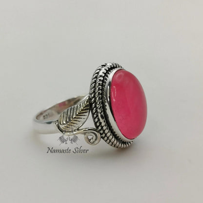 Pink Jade Ring, 925 Sterling Silver Promise Ring, Pink Jade Oval Gemstone Handmade Jewelry, Elegant Proposal Leaf Ring, Unique Gift for her
