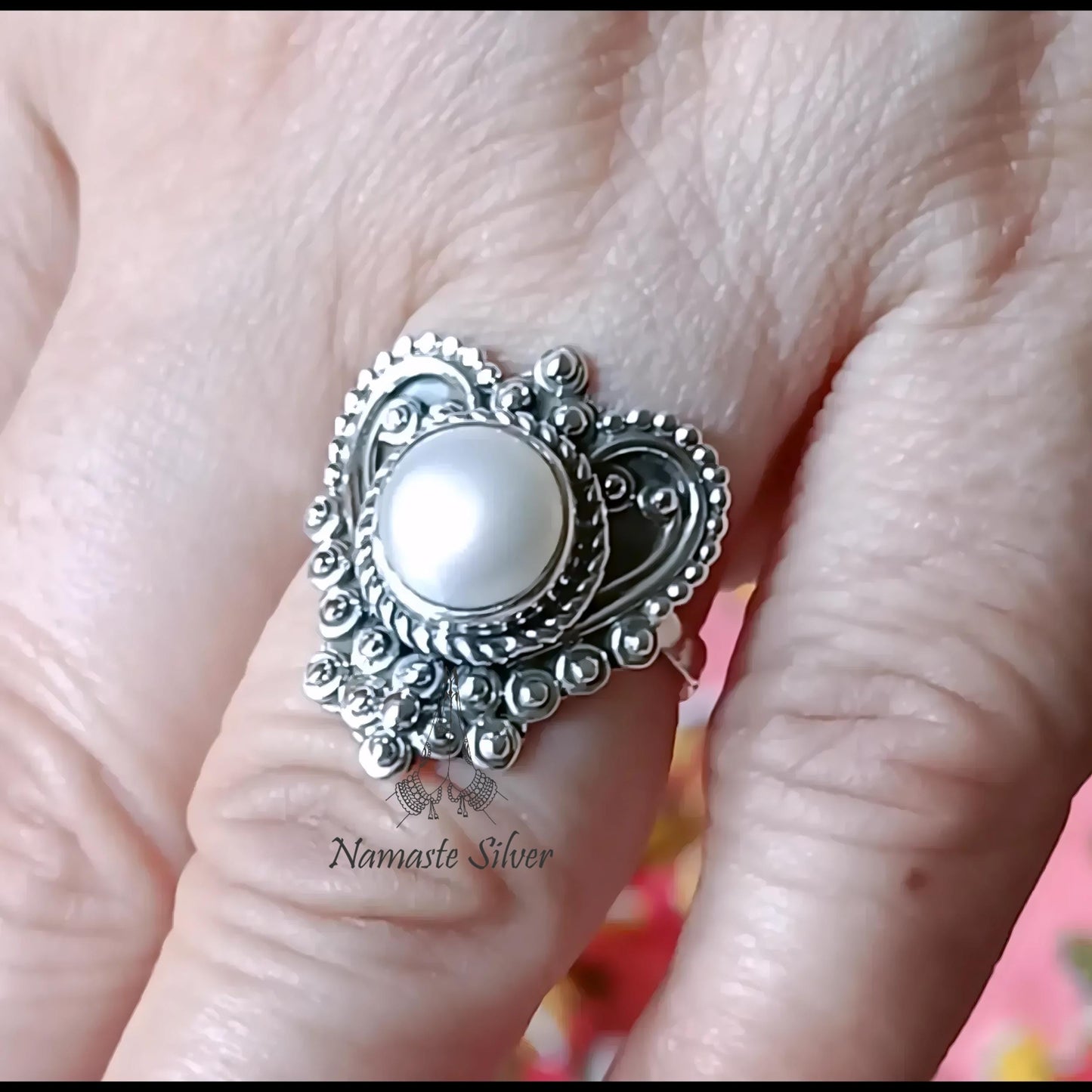 Pearl Ring, 925 Sterling Silver Promise Ring for Women, Freshwater Pearl Handmade Heart Shape Jewelry, June Birthstone, Unique Gift For Her