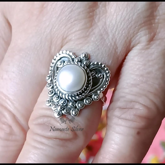 Pearl Ring, 925 Sterling Silver Promise Ring for Women, Freshwater Pearl Handmade Heart Shape Jewelry, June Birthstone, Unique Gift For Her