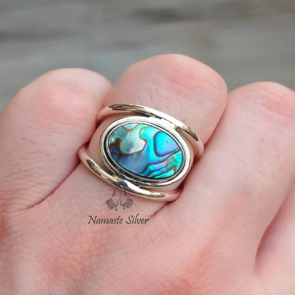 Abalone Shell Ring, 925 Sterling Silver Statement Promise Ring, Natural Ocean Seashell Oval Handmade Jewelry, Paua Shell Ring, Gift for her