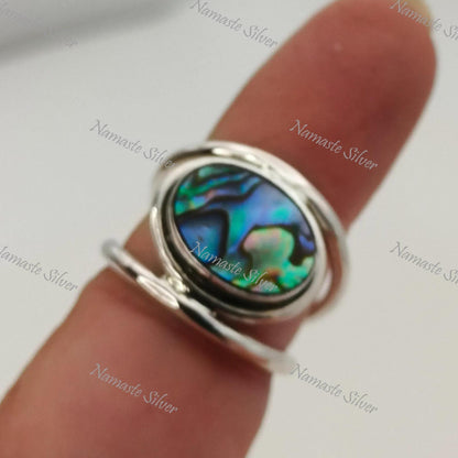 Abalone Shell Ring, 925 Sterling Silver Statement Promise Ring, Natural Ocean Seashell Oval Handmade Jewelry, Paua Shell Ring, Gift for her