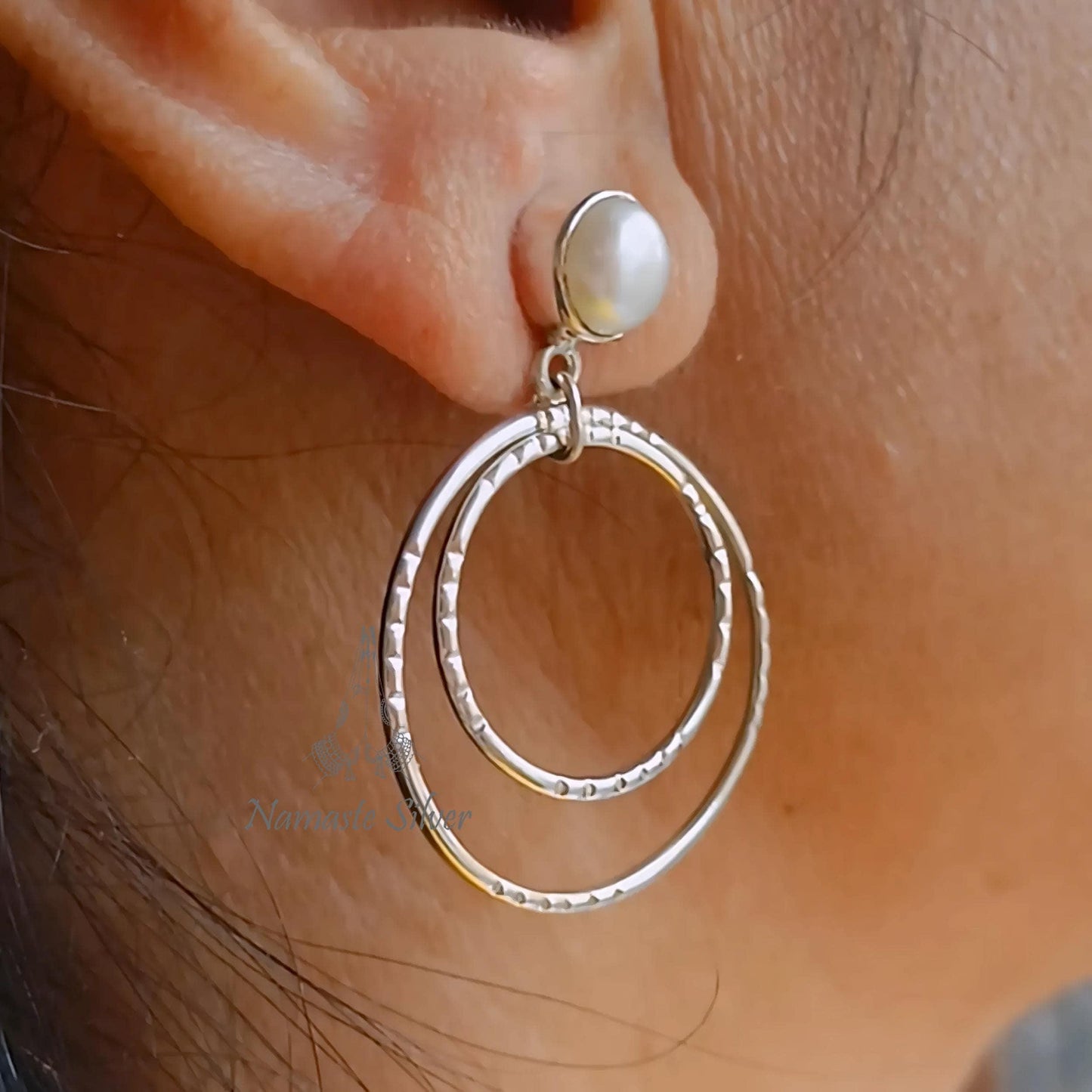 Freshwater Pearl Hoop Earrings, 925 Sterling Silver Double Hoop Dangles, Handmade Unique Jewelry for Women, July Birthstone Gift for Her