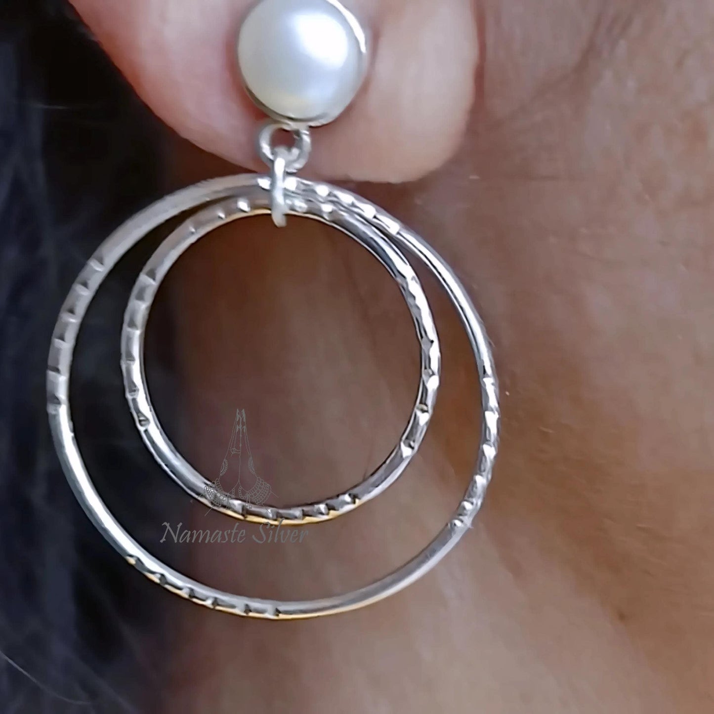 Freshwater Pearl Hoop Earrings, 925 Sterling Silver Double Hoop Dangles, Handmade Unique Jewelry for Women, July Birthstone Gift for Her