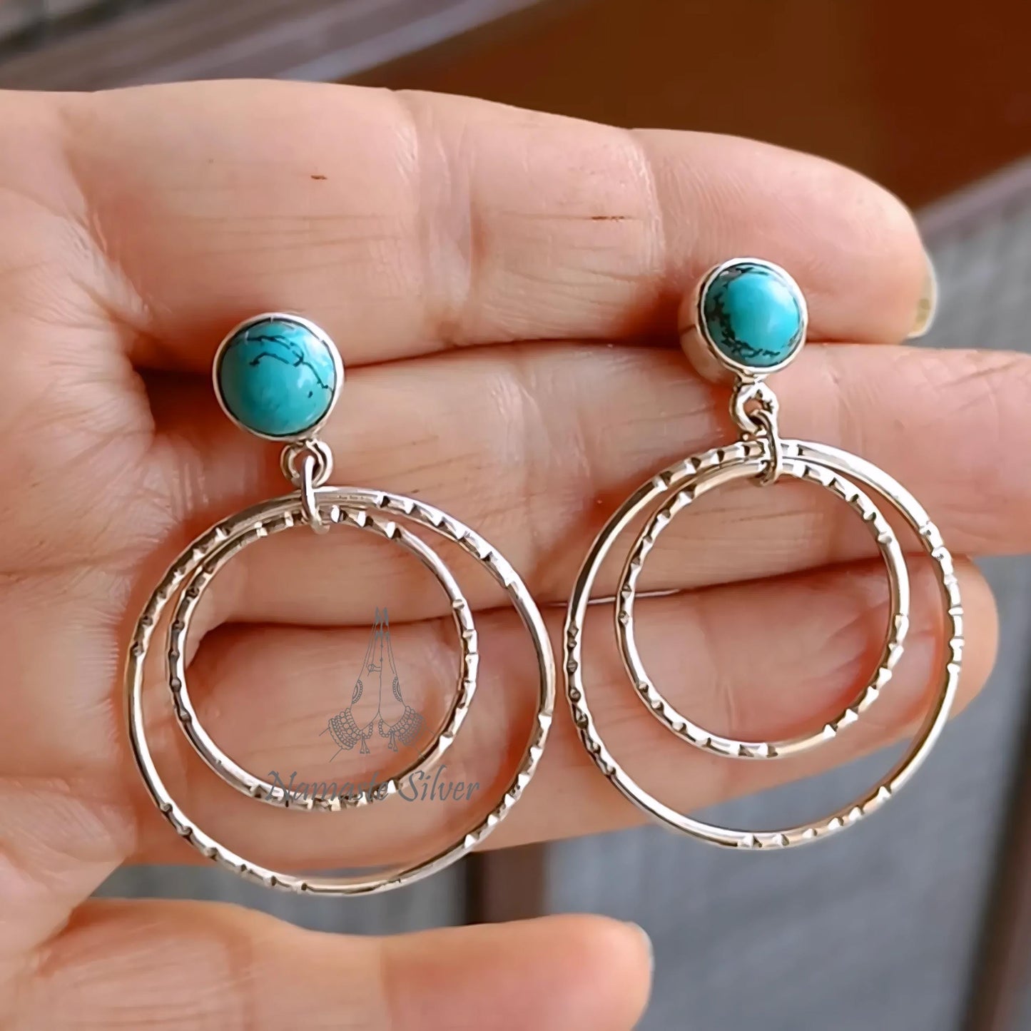 Turquoise Earrings, 925 Sterling Silver Double Hoop Dangle Earrings, Turquoise Round Handmade Jewelry, December Birthstone, Gift for Her
