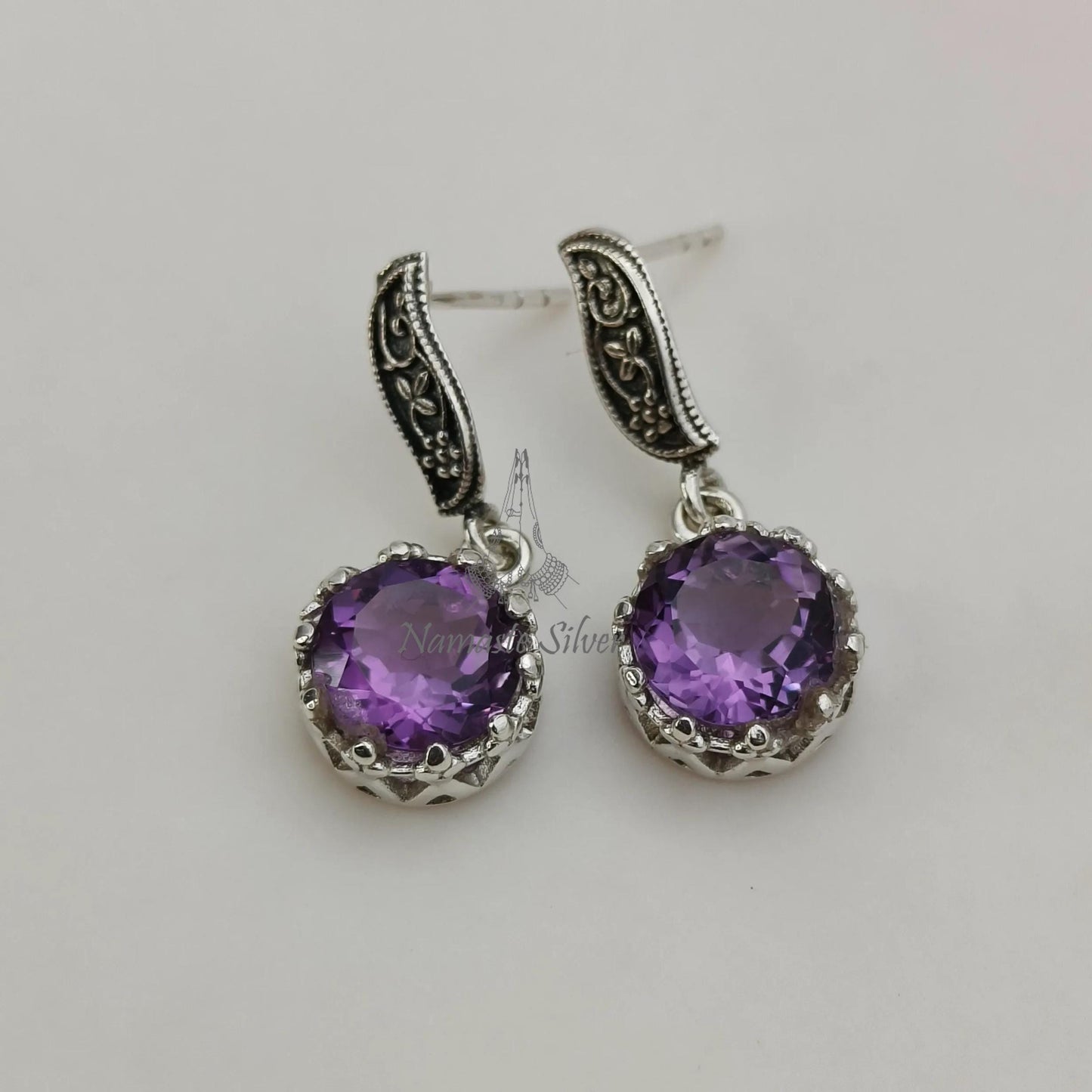Amethyst Earrings, 925 Sterling Silver Dangle Earrings, Natural Purple Round Gemstone Handmade Jewelry, February Birthstone, Gift for Her