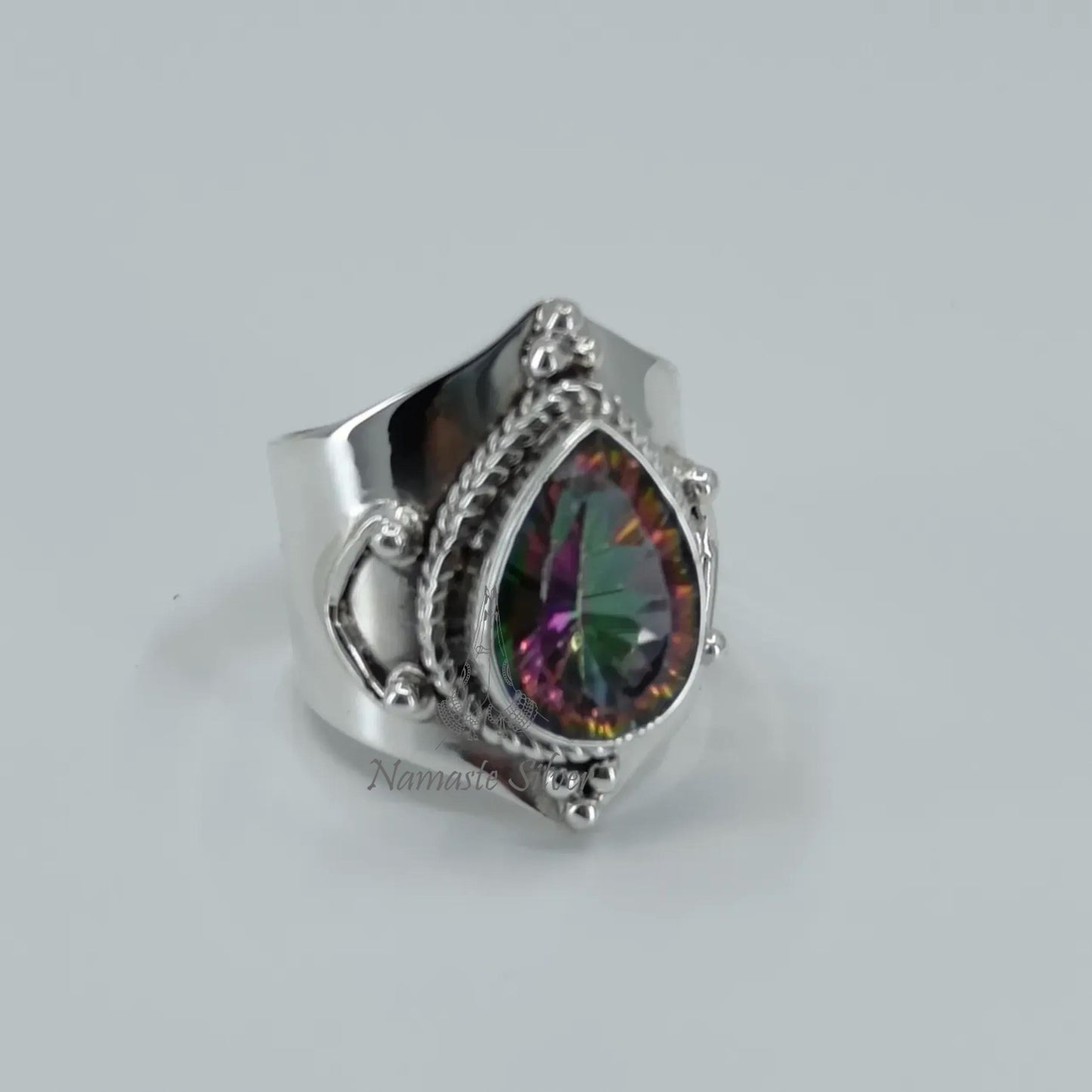 Aurora Mystic Topaz Ring, Handmade 925 Sterling Silver Statement Jewelry, Pear Shape Topaz Birthstone Ring, November Birthstone Gift for Her