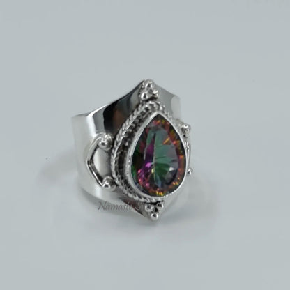 Aurora Mystic Topaz Ring, Handmade 925 Sterling Silver Statement Jewelry, Pear Shape Topaz Birthstone Ring, November Birthstone Gift for Her
