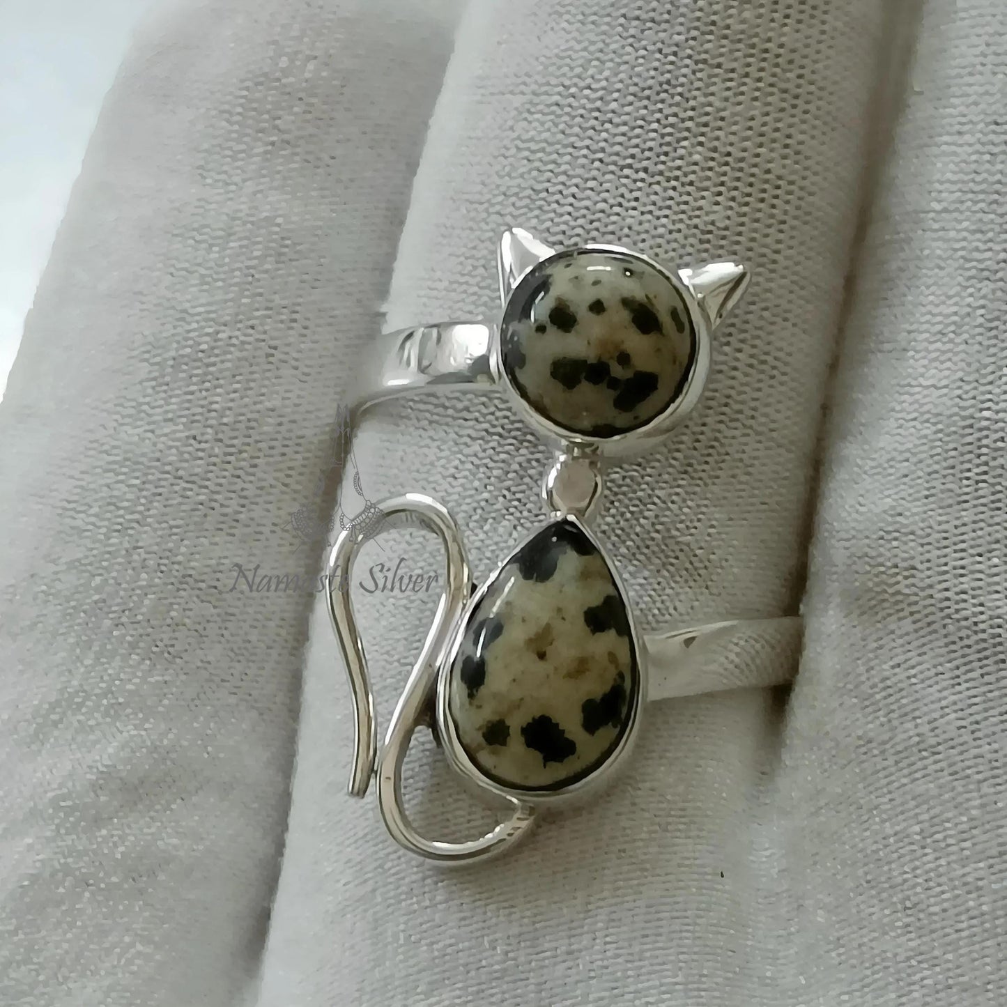 Dalmatian Jasper Cat Ring, 925 Sterling Silver Promise Ring, Natural Jasper Dual Gemstone Handmade Kitty Jewelry, Unique Gift for Cat Lovers