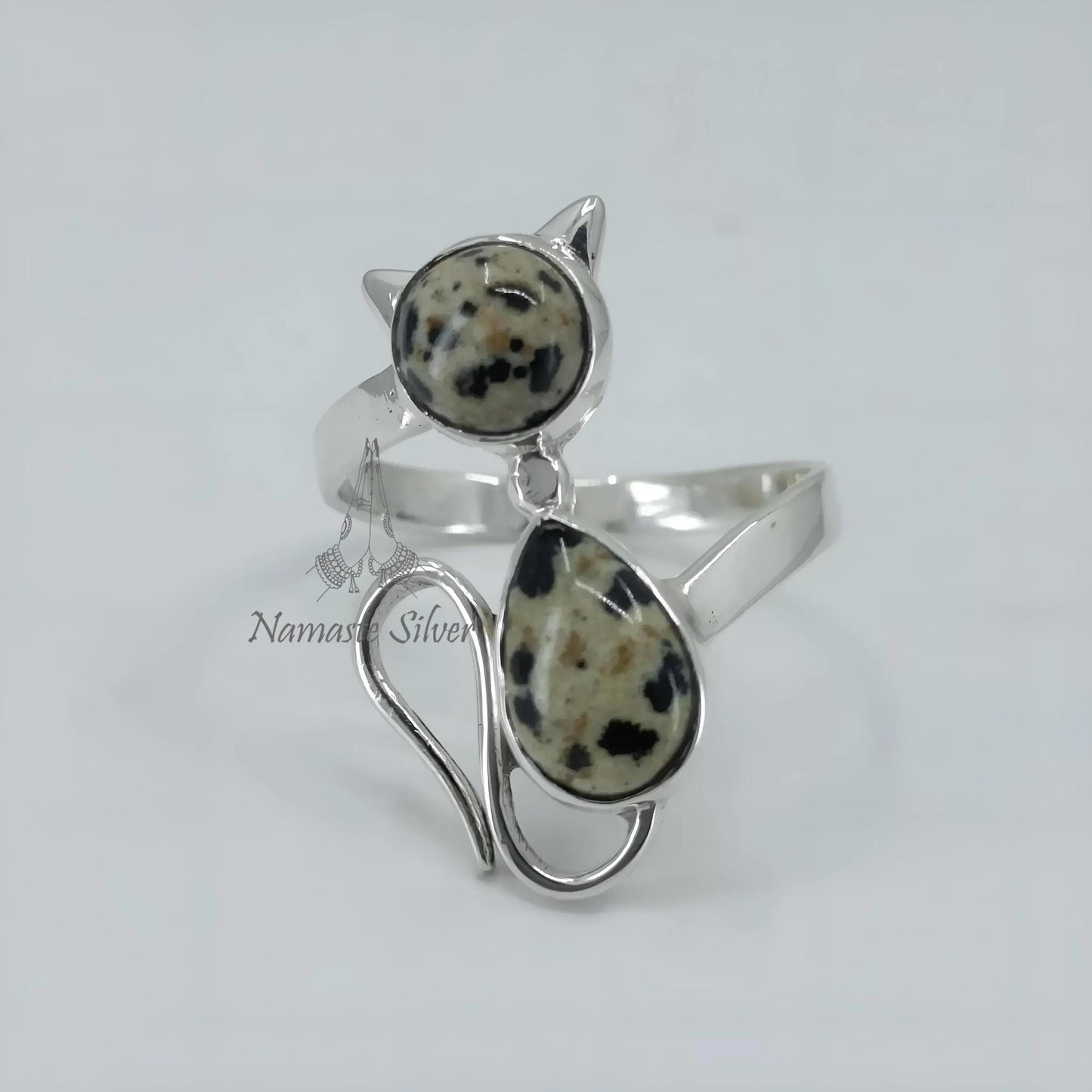 Dalmatian Jasper Cat Ring, 925 Sterling Silver Promise Ring, Natural Jasper Dual Gemstone Handmade Kitty Jewelry, Unique Gift for Cat Lovers