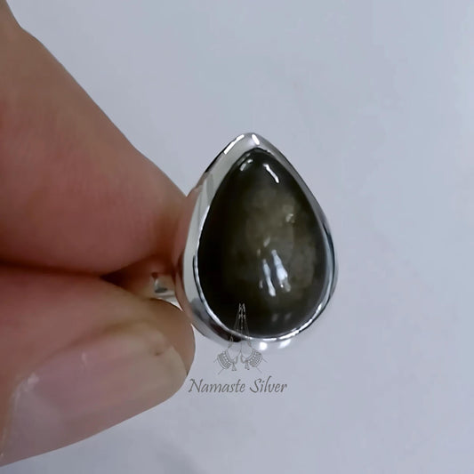 Gold Sheen Obsidian Ring, 925 Sterling Silver Statement Promise Ring, Natural Gold Sheen Obsidian Pear Shape Gemstone Handmade Jewelry Gift