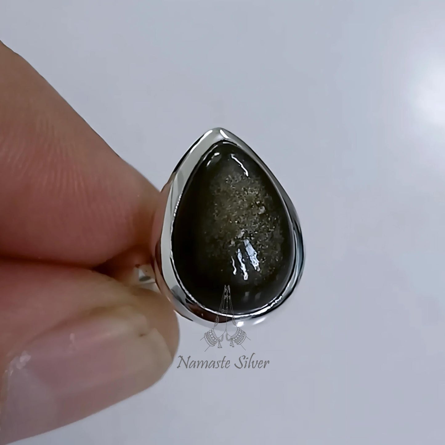 Gold Sheen Obsidian Ring, 925 Sterling Silver Statement Promise Ring, Natural Gold Sheen Obsidian Pear Shape Gemstone Handmade Jewelry Gift