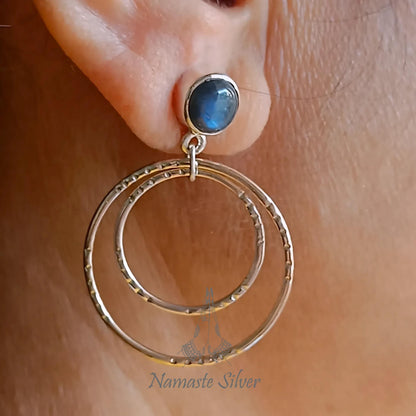 Labradorite Earrings, 925 Sterling Silver Dangle Earrings, Natural Labradorite Round Gemstone Double Hoop Earrings, Birthstone Gift for Her