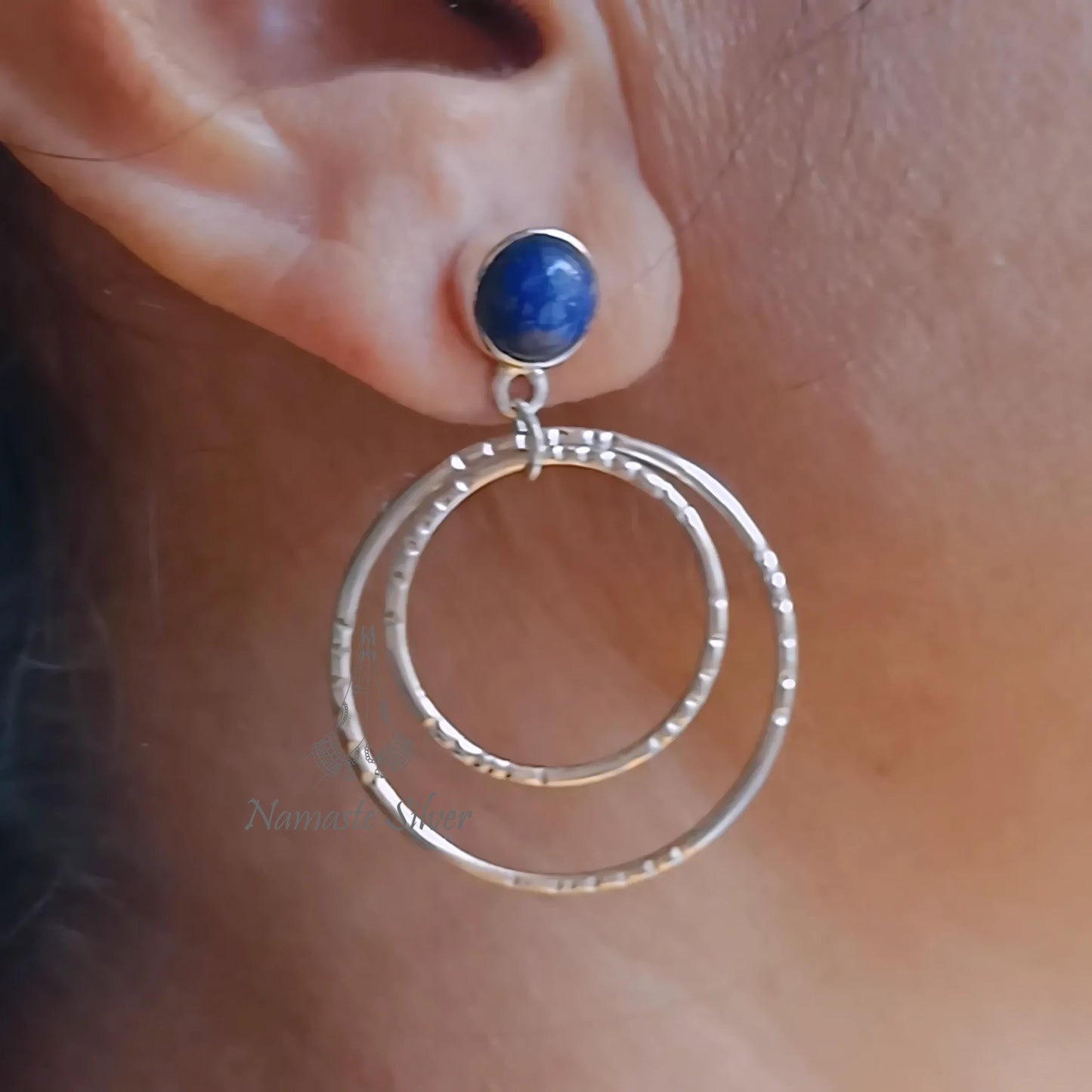 Lapis Lazuli Earrings, 925 Sterling Silver Double Hoop Earrings, Natural Blue Round Gemstone Handmade Dangle Earrings, Unique Gift for her
